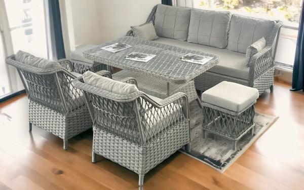 Petra Rattan Örgü Bahçe Mobilyası Takımı 3+1+1 2 Puf ve Masa