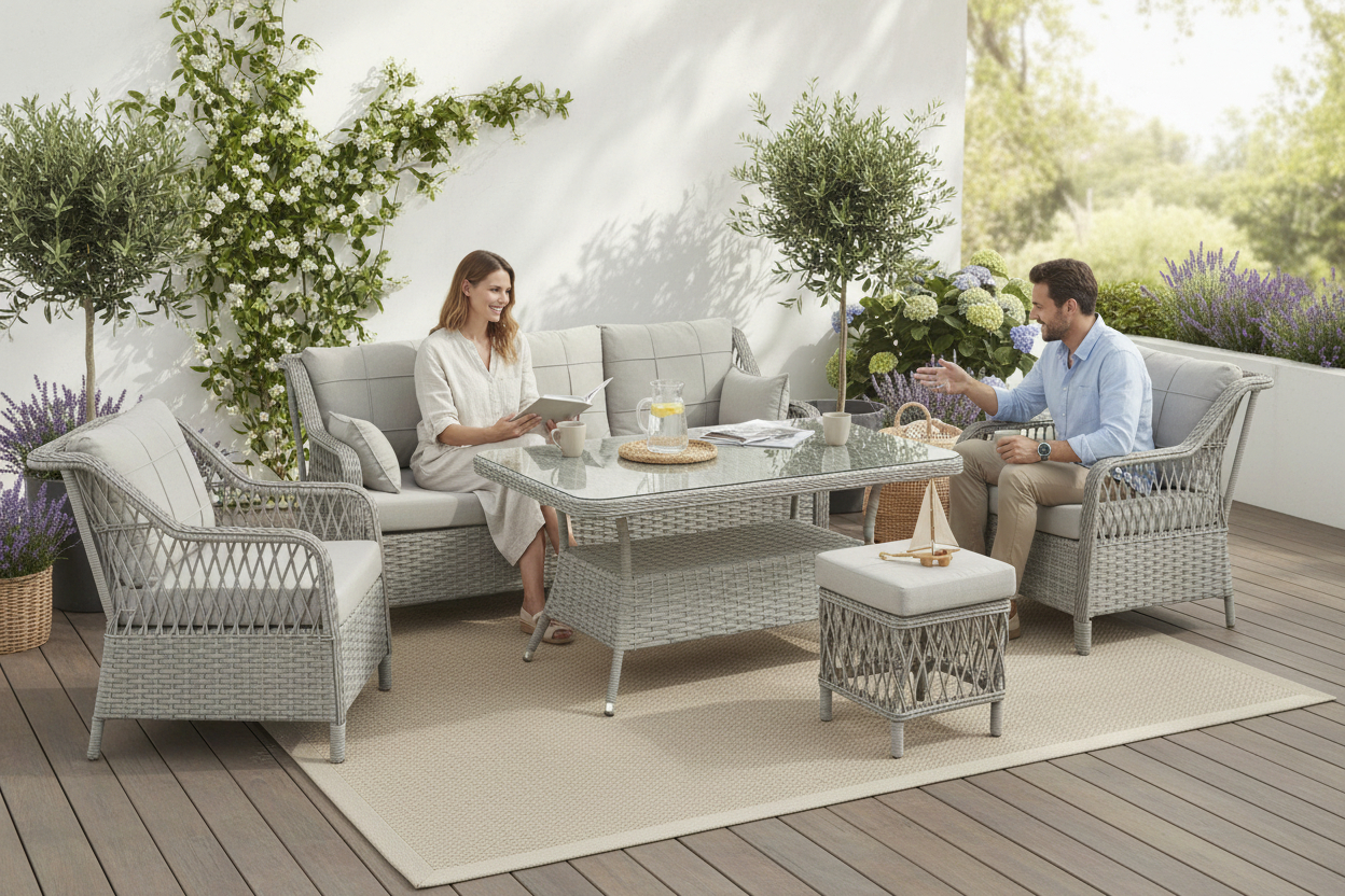 Petra Rattan Örgü Bahçe Mobilyası Takımı 3+1+1 2 Puf ve Masa